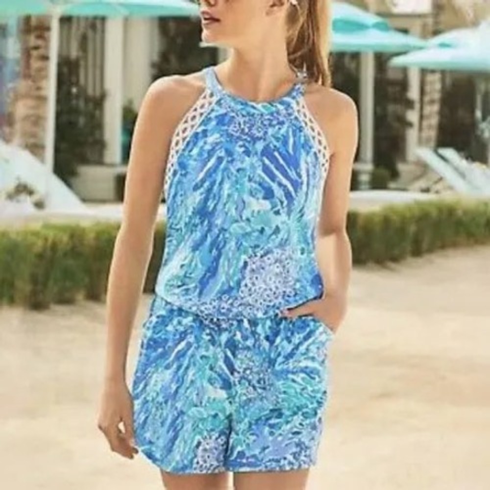 Lilly Pulitzer Donna Romper Blue Green Tropical Lace Trim Halter Neck Size M